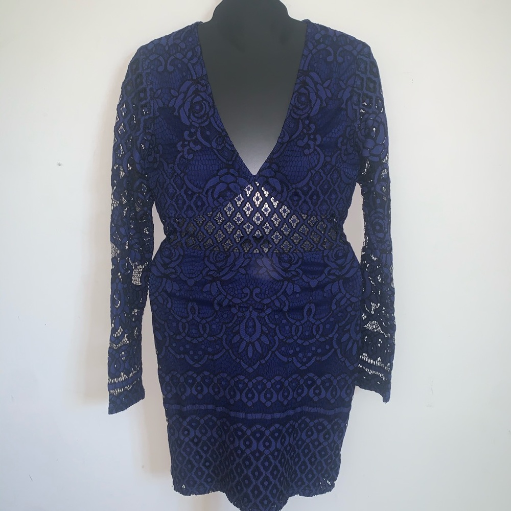 Mini navy blue and black lace formal dress